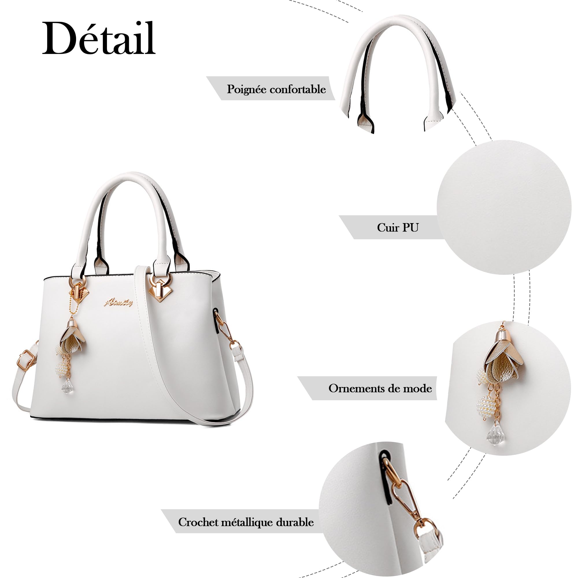 Mode Sac à Main Femmes Sac Bandoulière Sac Cuir PU Poignée Sac Bandoulière Cloches Suspendues Ornements Travailler Voyage Décontracté Quotidien Sac à Main Blanc