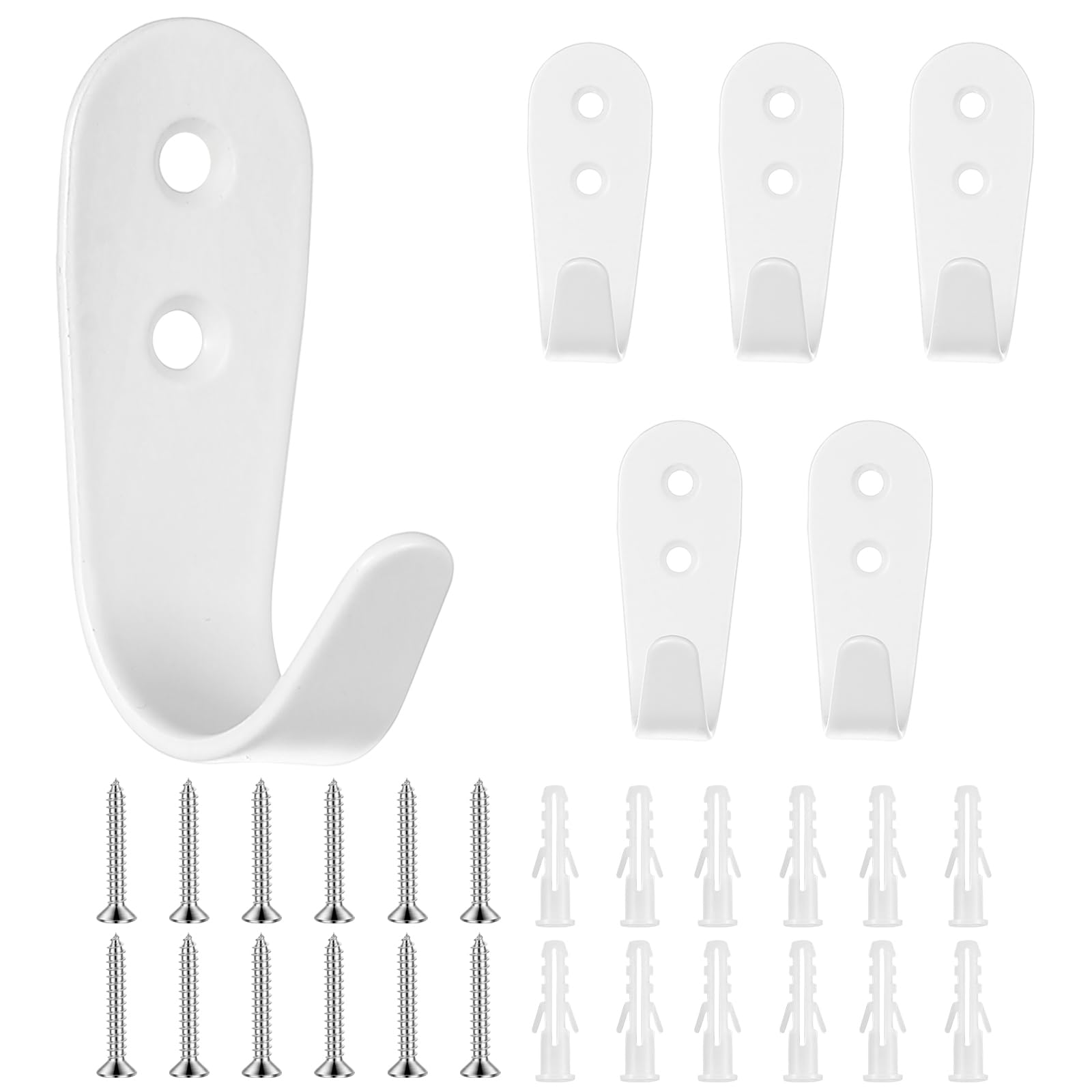 6 Pcs White Coat Hooks Wall Mounted，Two-Hole Heavy Duty Screw-In Door Hook
