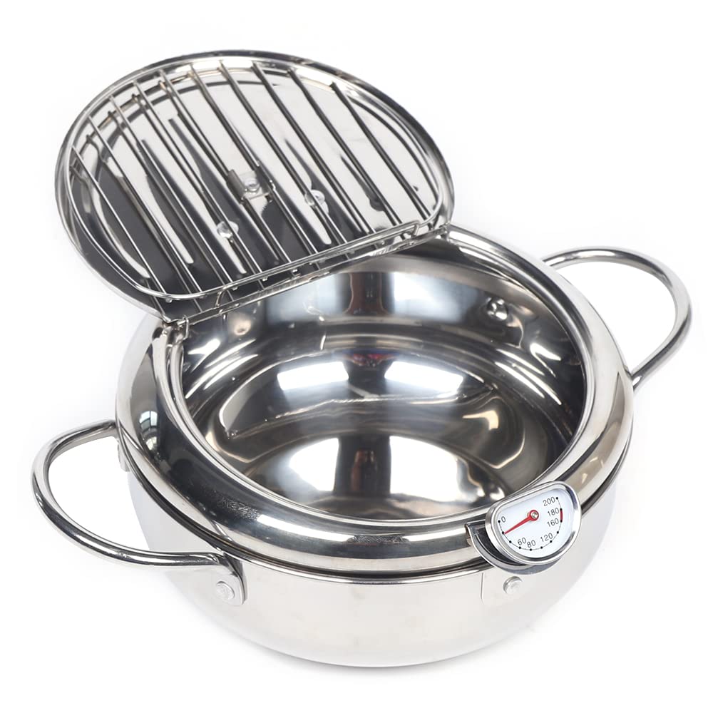 GXFCHYL Deep Fryer Pot Tempura Deep Frying Pot 304 Stainless Steel Fried Food Pot 2.2L Japanese Deep Fryer Pot with Temperature Gauge& Oil Draining Rack for Fried Chicken, Shrimp, French Chips