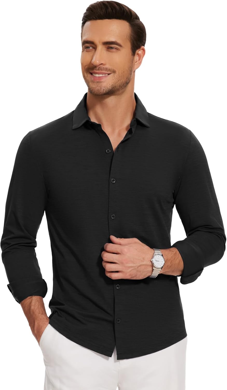 Men's Long Sleeve Button Down Shirts Wrinkle Free Business Untucked Stretch Dress Beach Casual Wedding Shirt - Image 2