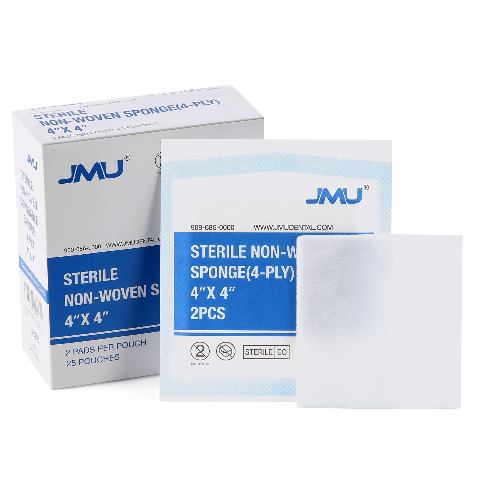 JMU Sterile Gauze Pads 4x4, Highly Absorbent Non-Woven Sterile Gauze Sponges, 25 Packs, 50 Pcs Total