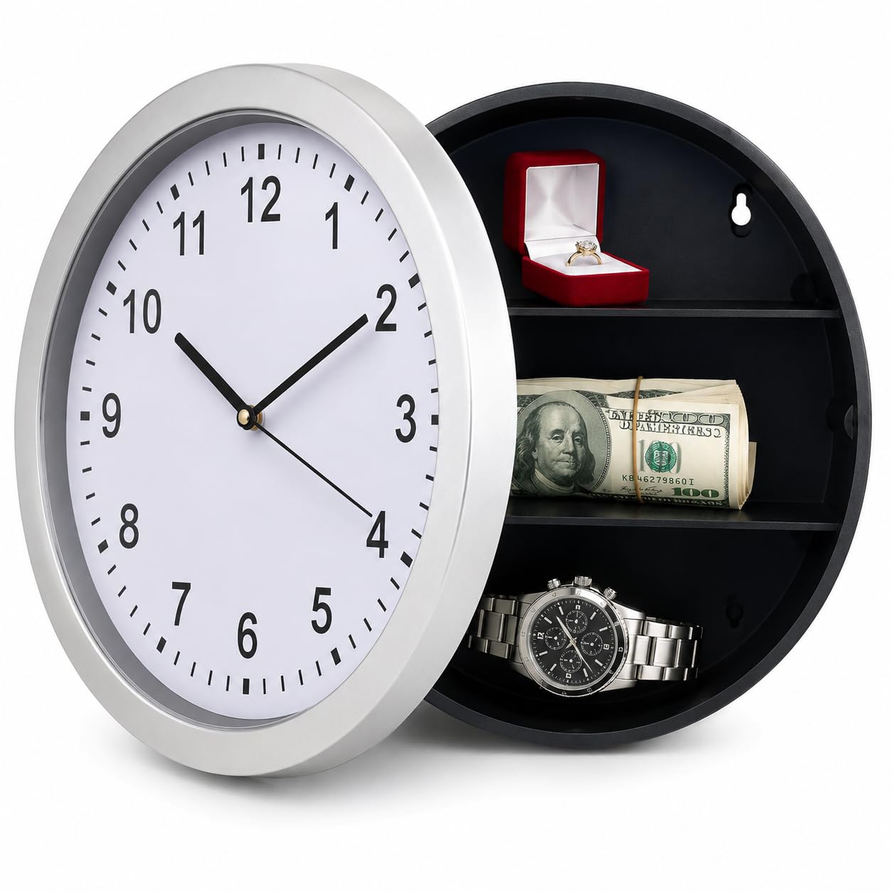 Wall Clock with Hidden Safe Compartment | Secret Storage for Valuables, Money & Jewelry | 3-Shelf Diversion Safe with Working Quartz Movement-image-34