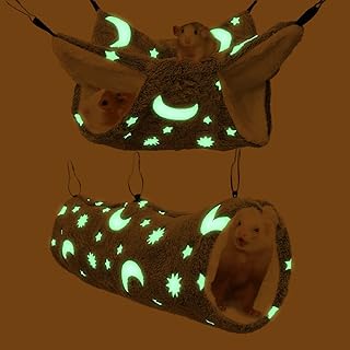 Luminous Noctilucent Glow Guinea Pig Rat Hammock Tunnel, Ferret Hanging Bunk Bed Hammock, Rat Ferret Guinea Pig Hideout and Soft Bed for Small Animals (1.Moon Bunkbed Hammock and Tunnel)