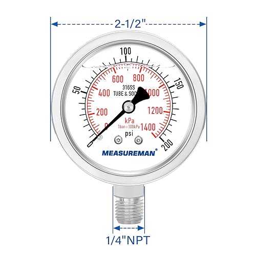 Miniatura 19 de MEASUREMAN - Manómetro relleno de líquido, tamaño del dial de 2.5 pulgadas, 0 a 200 psi/kPa, caja de acero inoxidable 304, montaje inferior NPT