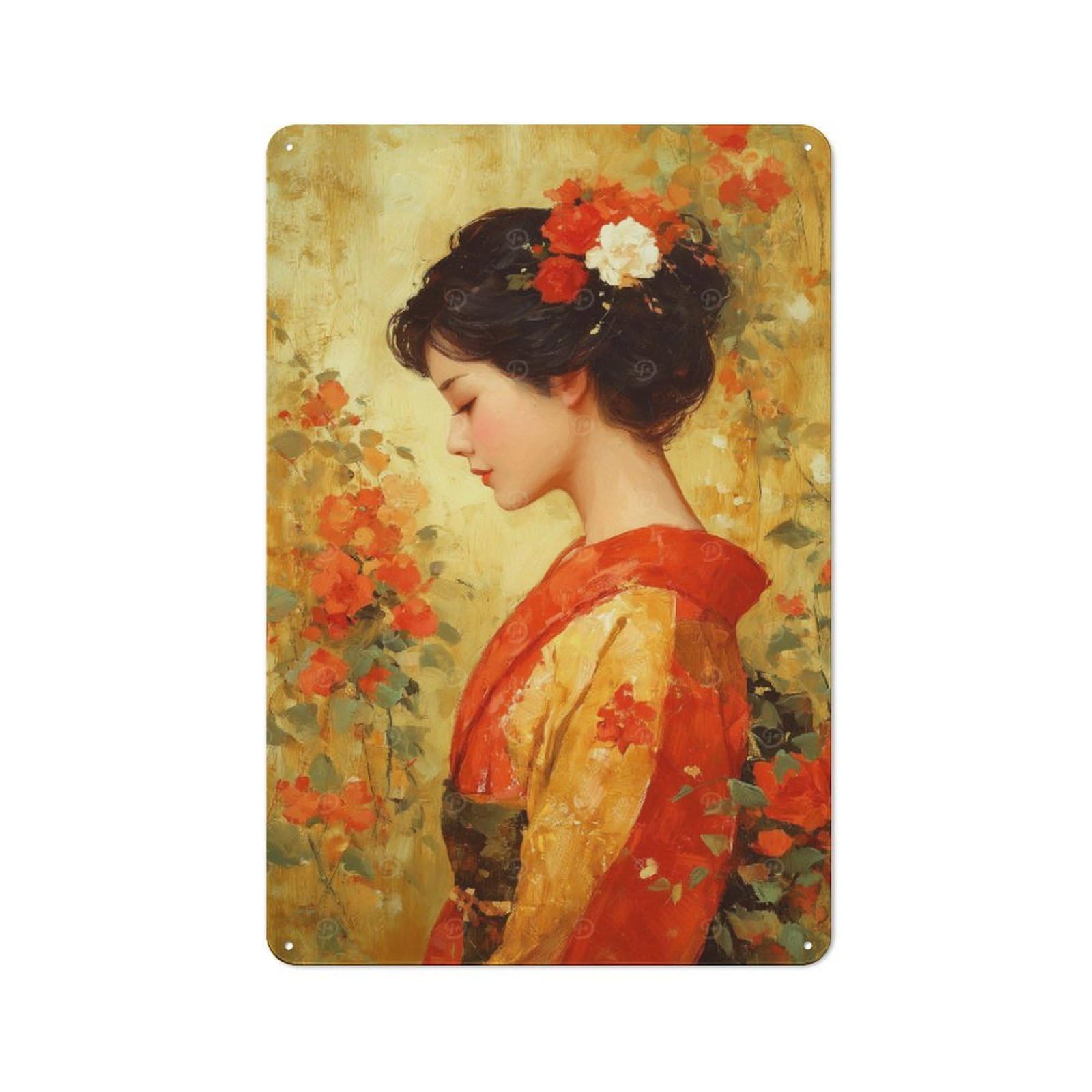 Junmoney Japanese Woman With Flowers Painting For Café Or Restaurant, Vintage Metal Sign 30X20cm, For Vintage Wall Decor Fans, For Cafés, Pubs And Restaurants