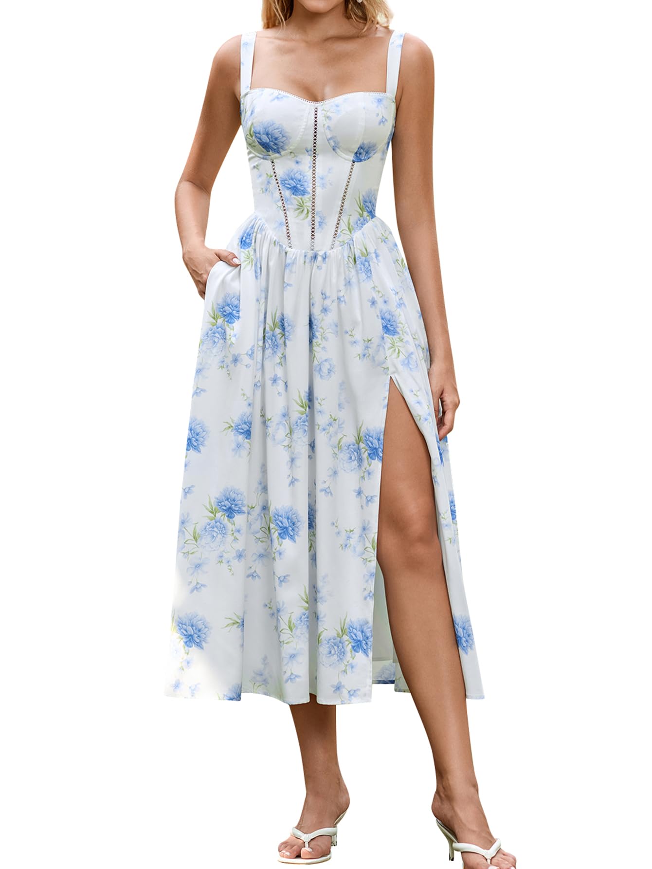 KUTUMAI Summer Floral Corset Midi Wedding Guest Dresses for Women | Slit Flowy Sundress with Pockets, Idea for Garden Tea Party Engagement Bridal Shower Fancy Cottagecore Milkmaid