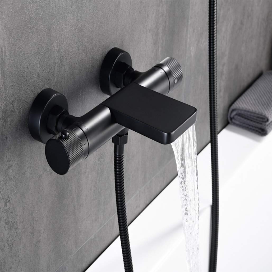 Lussuoso set miscelatore doccia in ottone spazzolato oro – Rubinetto termostatico da parete con doccetta elegante finitura nera perfetta per bagni moderni