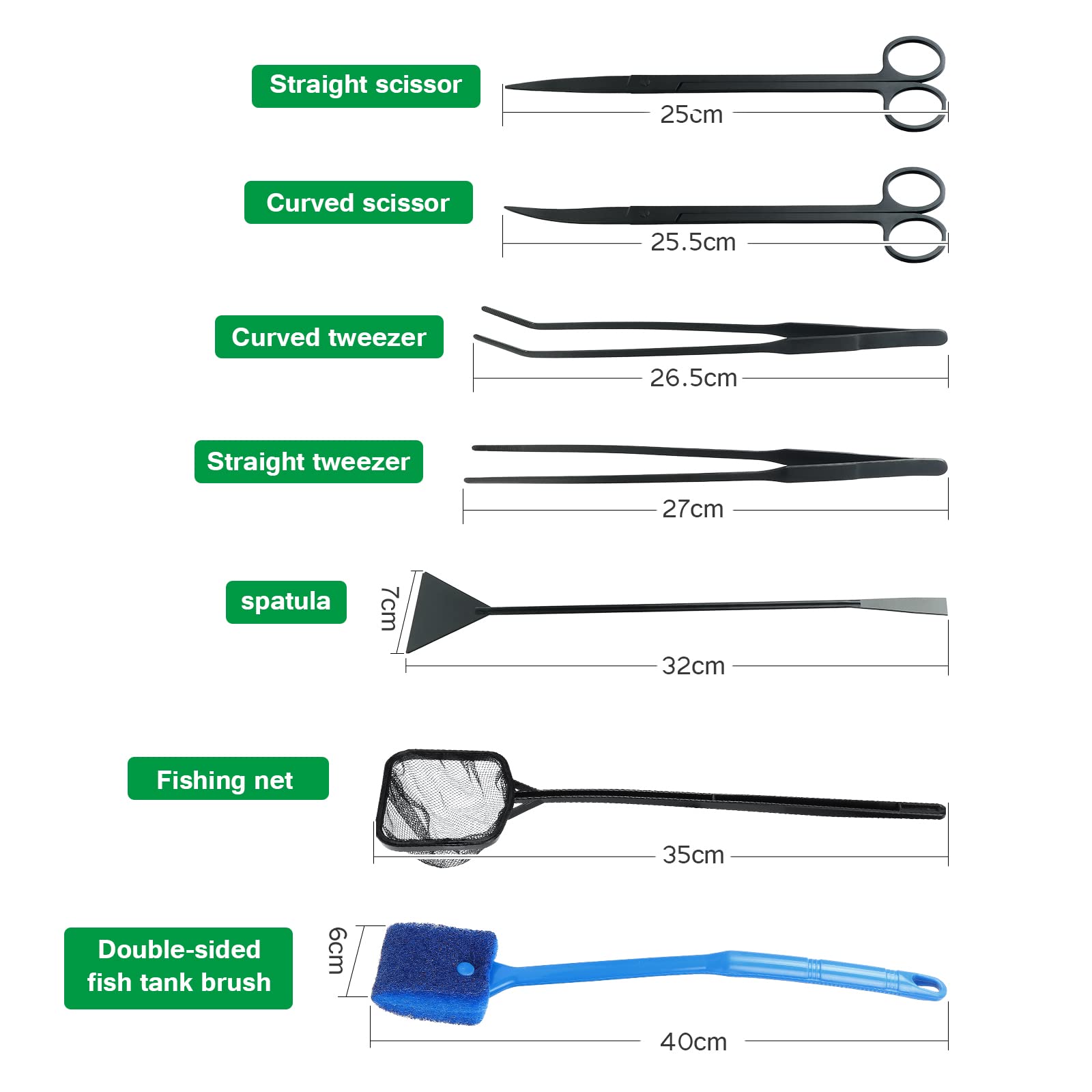 Coolty Kit di strumenti per aquascaping piante acquatiche 7 in 1, pinzetta a forbice in acciaio inox, spatola strumenti per la pulizia dell'acquario, rete da pesca e raschietto per alghe per acquari