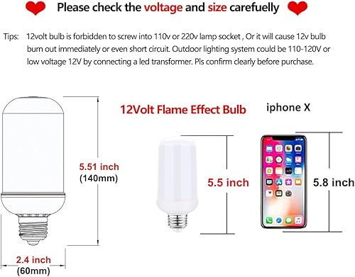Miniatura 5 de Wirleben Paquete de 2 bombillas LED de llama CADC12V-24Volts de bajo voltaje 6W E26 Edison, bombillas parpadeantes de fuego con detección de