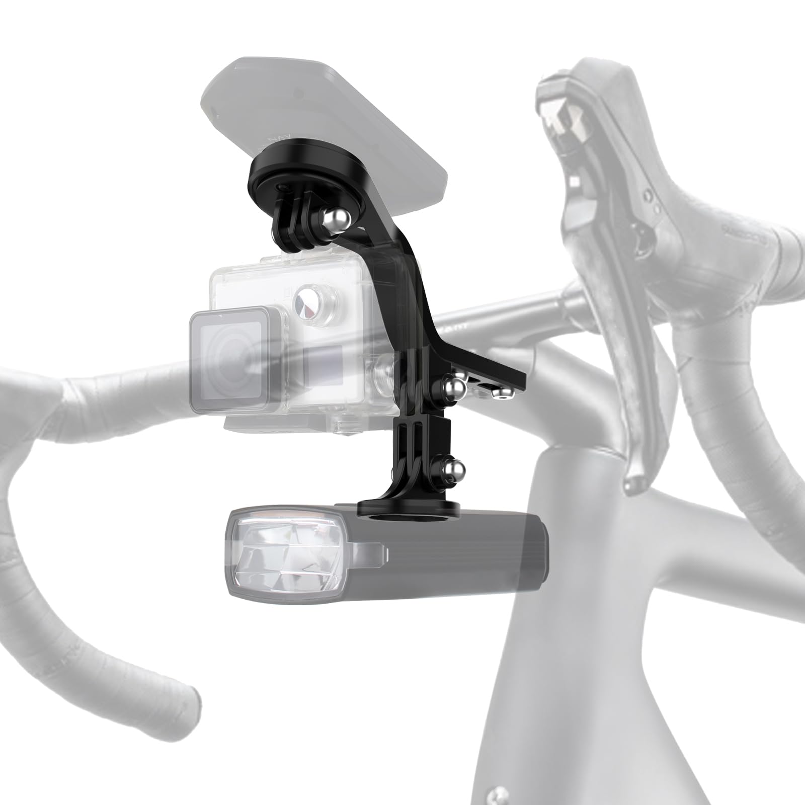 Three-in-One Out Front Mount Road Bike Mount Compatible with Garmin Edge GPS Bike Computer, Wahoo,Byton,XOSS, iGPSPORT, Action Camera/Bike Light/Bycyle Computer can be Installed.