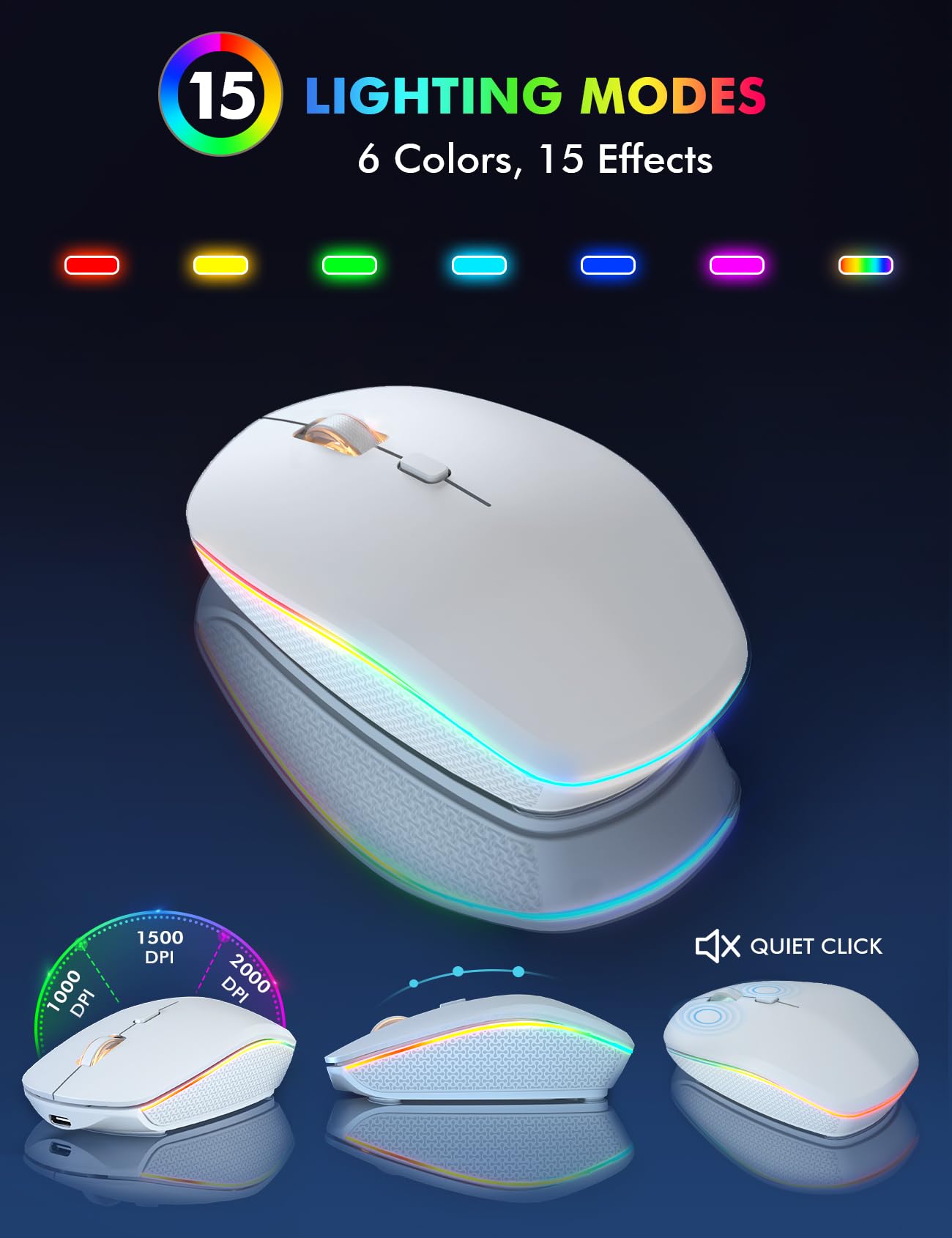 Clavier et souris sans fil – Rétroéclairé RVB, lettres rechargeables et lumineuses, pleine taille, angle d'inclinaison ergonomique, mode veille, clavier silencieux 2,4 GHz pour Mac, Windows,