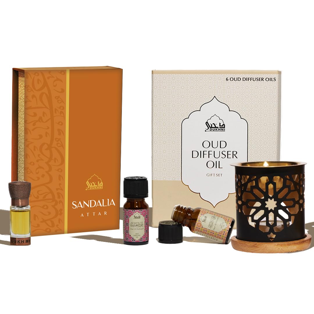 Dukhni Light Oud Diffuser Oil & Sandalwood Attar Gift Set | Arabic Oudh Oil & Premium Sandalwood Perfume 6 X 10Ml Set For Diffuser & Humidifier