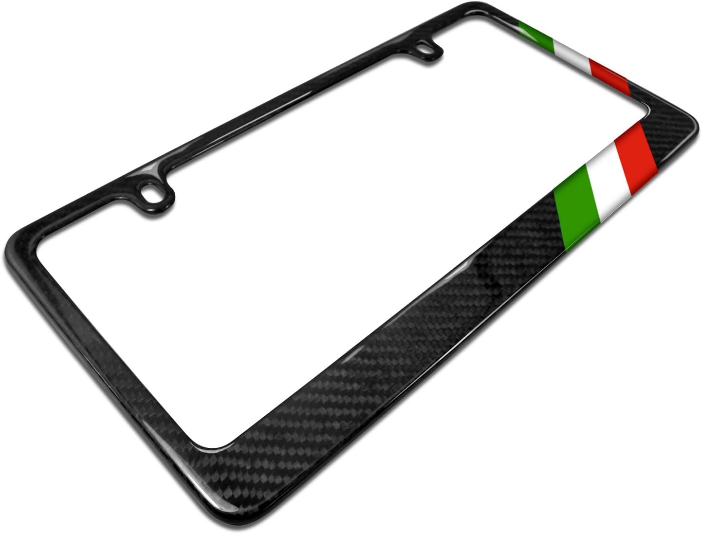 iPick Image Real Black Carbon Fiber Italy Flag Off-Center in Sports Stripe License Plate Frame