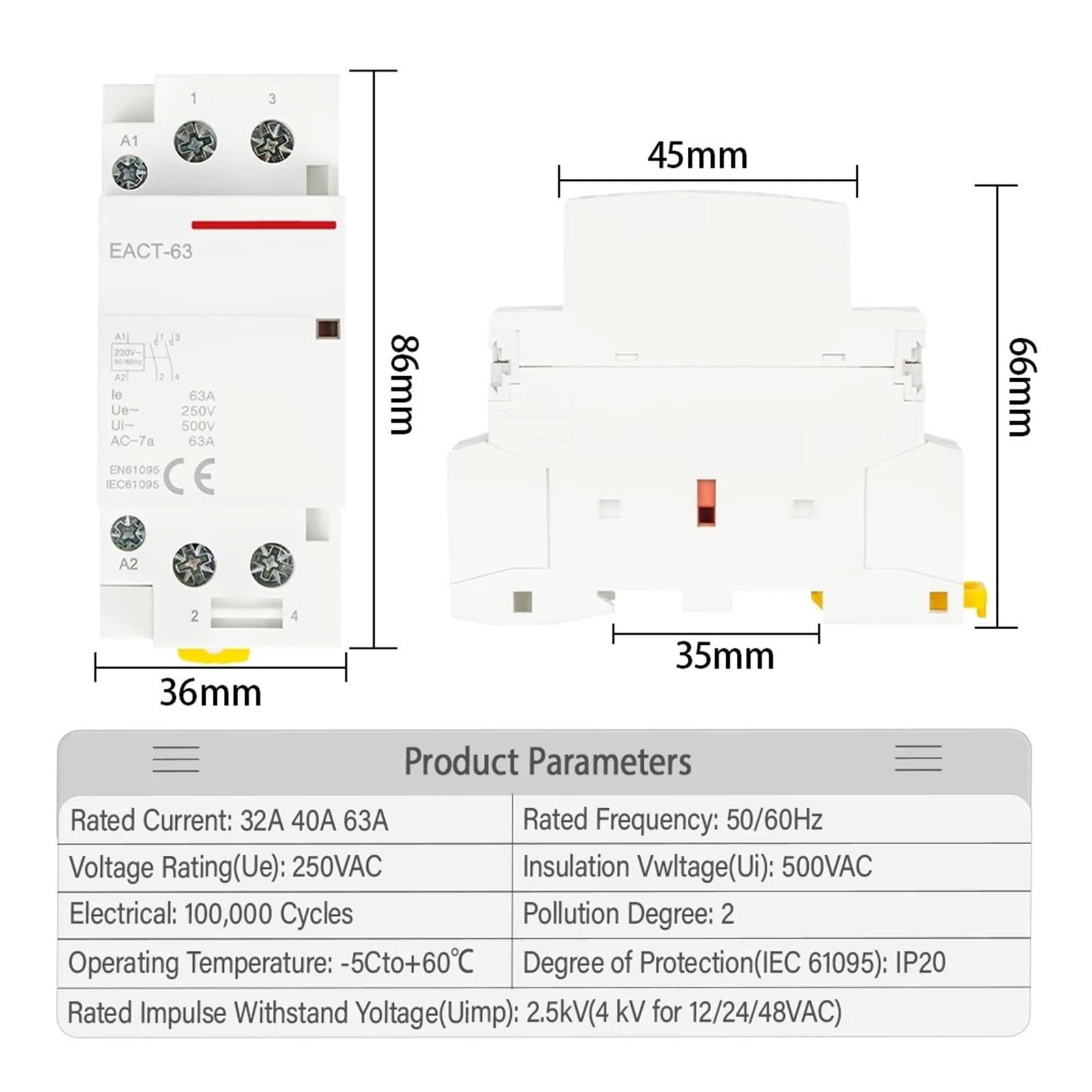 2P AC 110 V 220 V 50/60 Hz 16 A 20 A 25 A 32 A 50 A 40 A 63 A na szynę DIN domowy modułowy przełącznik stycznika DIY dom hotel (EACT-2P-16A, 1NO1NC, 220V)
