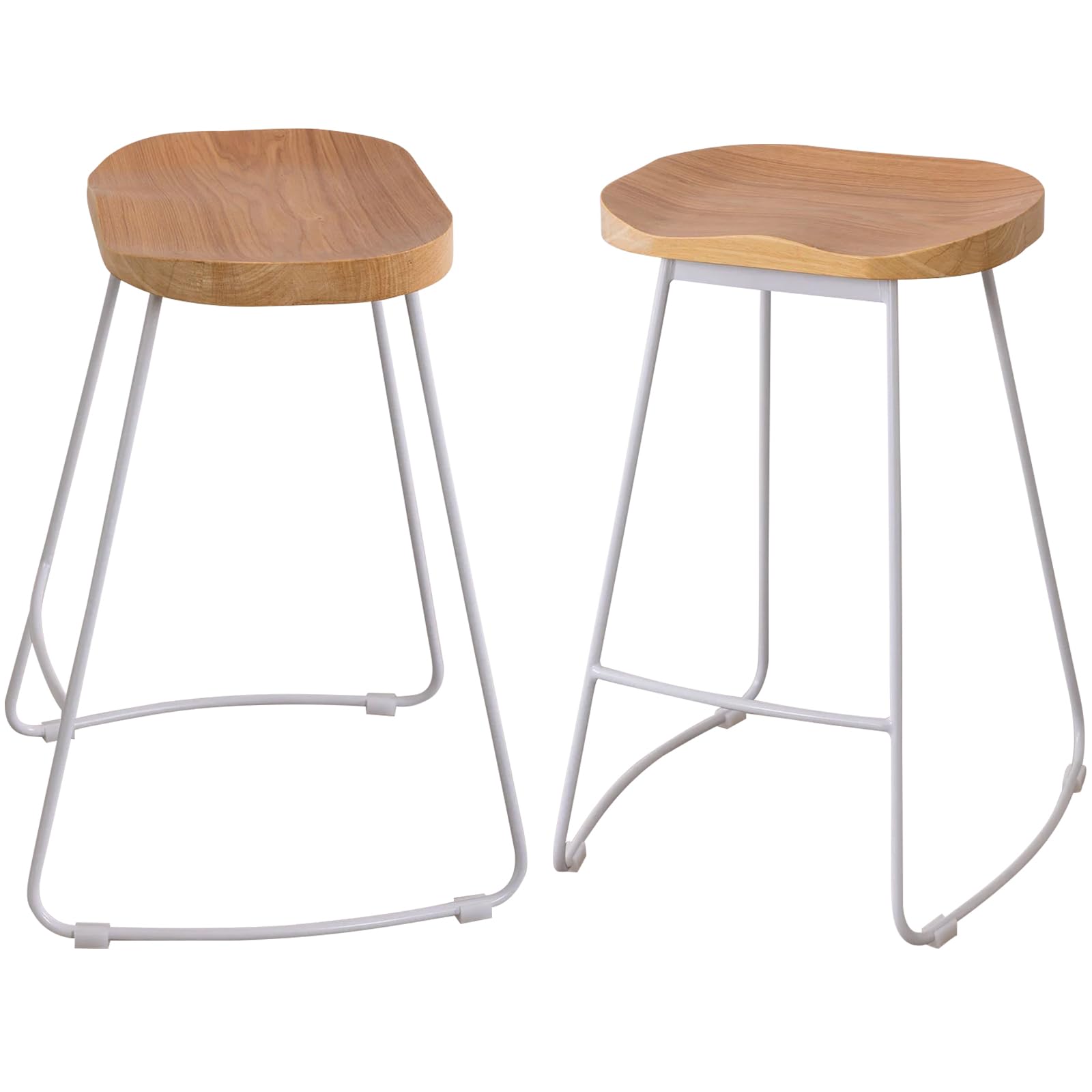 YOUNIKE Taburete de Barra sin Respaldo con Asiento de Madera de Olmo Natural, Base de Metal Sólido Blanco, Reposapiés Integrado No Giratorio y Altura Fija para Cocina/Bar/Comedor