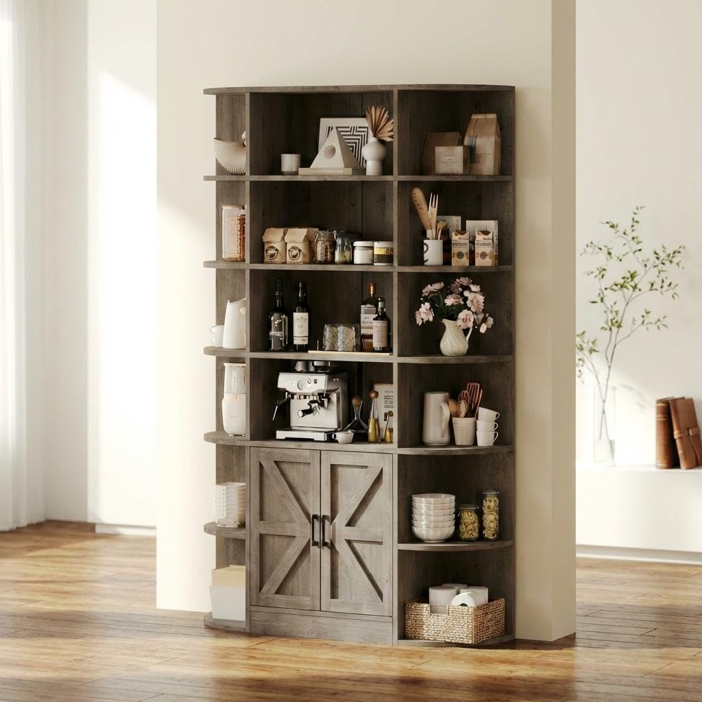IDEALHOUSE Book Shelf, Farmhouse 6-Tier Bookshelf White, Rustic Wood Grain Shelf with Fan Side Design, Tall Bookcase with Barn Door Bookshelf with Doors Storage, Freestanding Cabinet Display, Gray