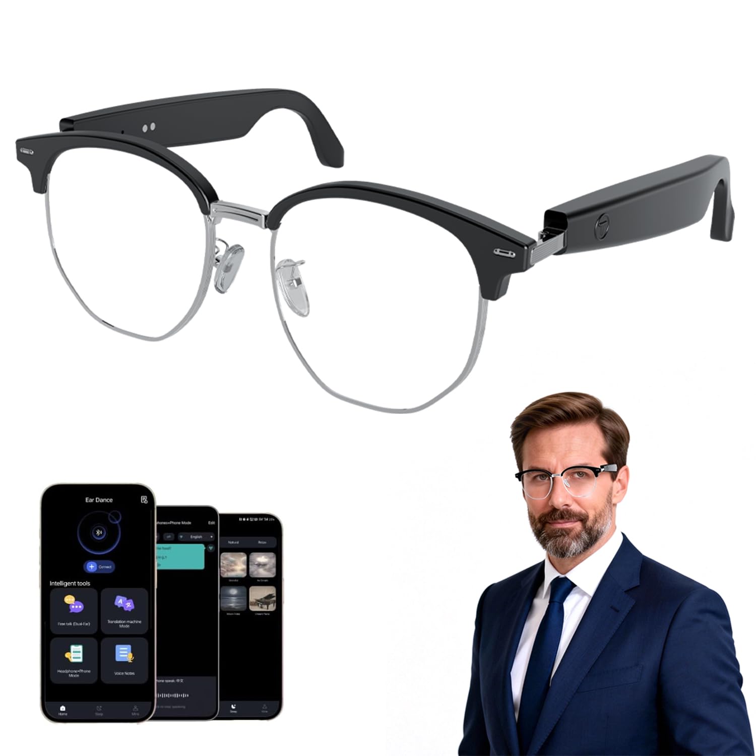 AI Translation Smart Glasses with 164 Languages Open Ear Sound Mic Speakers Transitions lenses RealTime Voice Translator