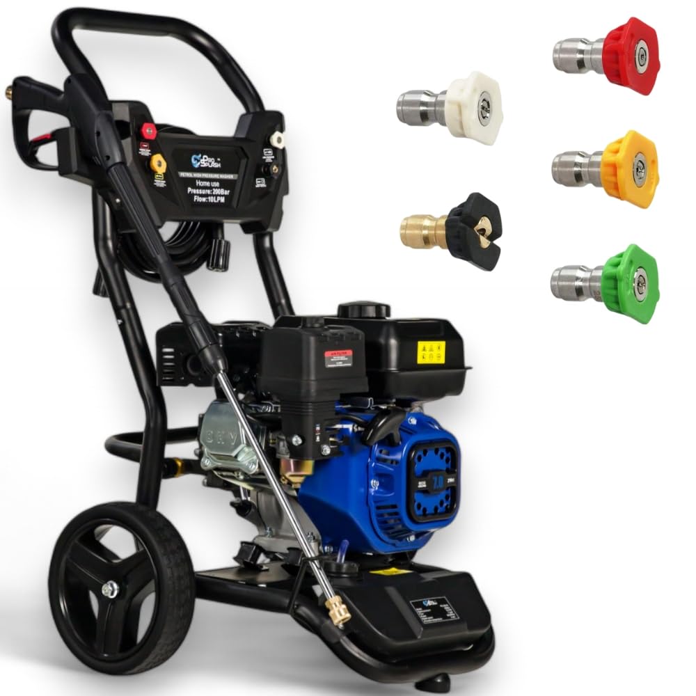 PS GlobalPS-205-PL Petrol Pressure Washer 2900psi / 200 Bar, OHV Engine, Jet Wash with 5 Quick Release Nozzles, High Pressure Washer, Detergent Tank, 7hp (Black)