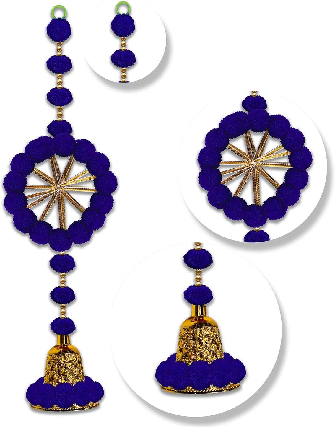 Handmade Pom Pom Beads & Gota Pati Ring with Golden Bell for Home Wedding Festival Decor,Office Home Diwali Decoration, Size 15.5 inches, Pack of 2, Colour Blue (RK-34202-2)