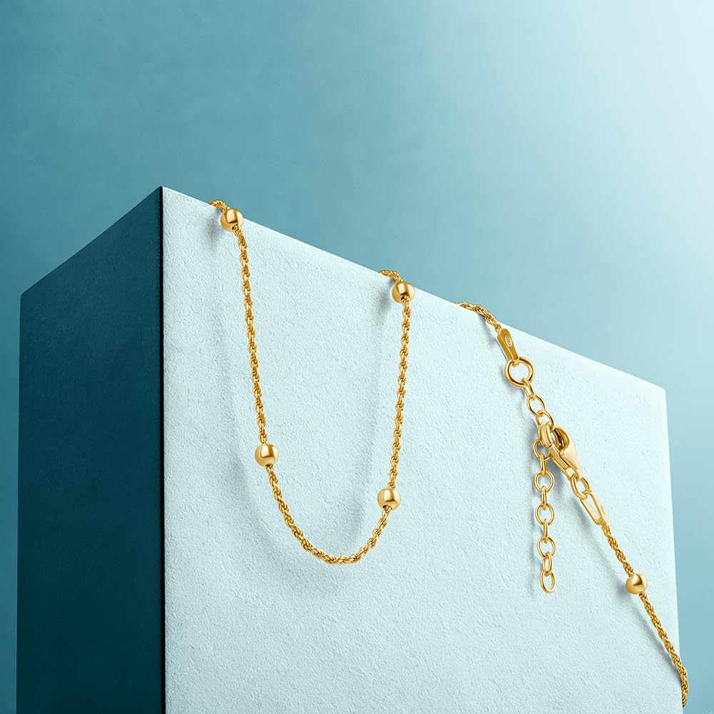 MIORE Collar Mujer con Bola, Cadena Plata Esterlina 925 Chapada en Oro de 18 Quilates, Collar Plata Mujer sin Colgante, 45 cm Cadena Ajustable, Joyería Hipoalergénica Hecha a Mano en Italia