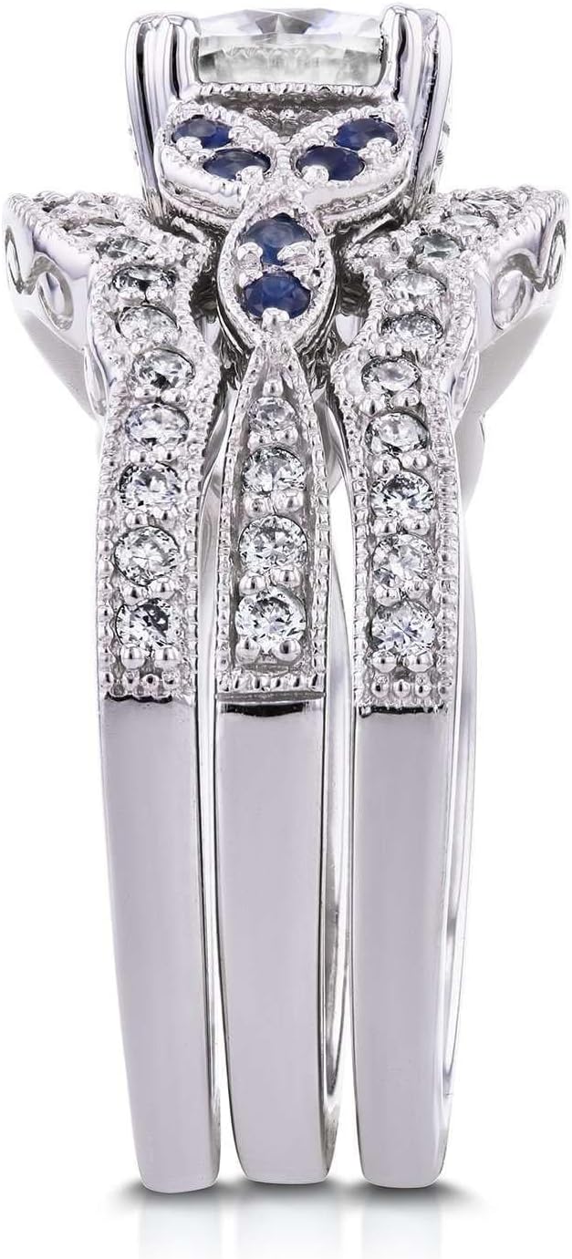 Kobelli Antique Style Moissanite and Blue Sapphire 3 Piece Bridal Set 1 2/5 CTW in 14k White Gold