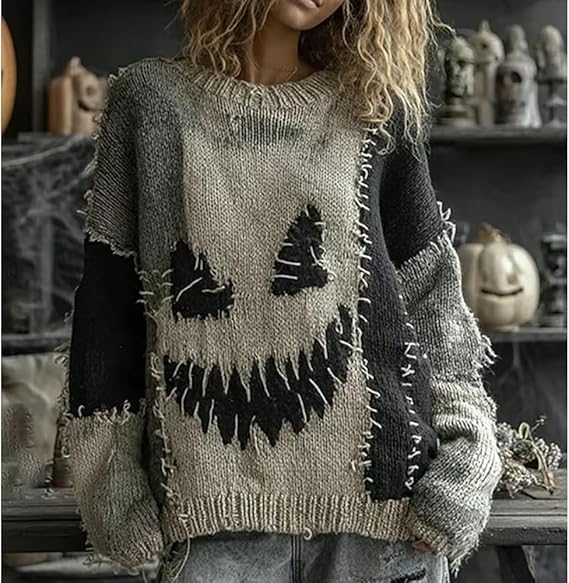 Women's Horror Halloween Spooky Face Stitched Cozy Knit Sweater Funny Top Casual Holiday Party Shirt (Small) Beige3
