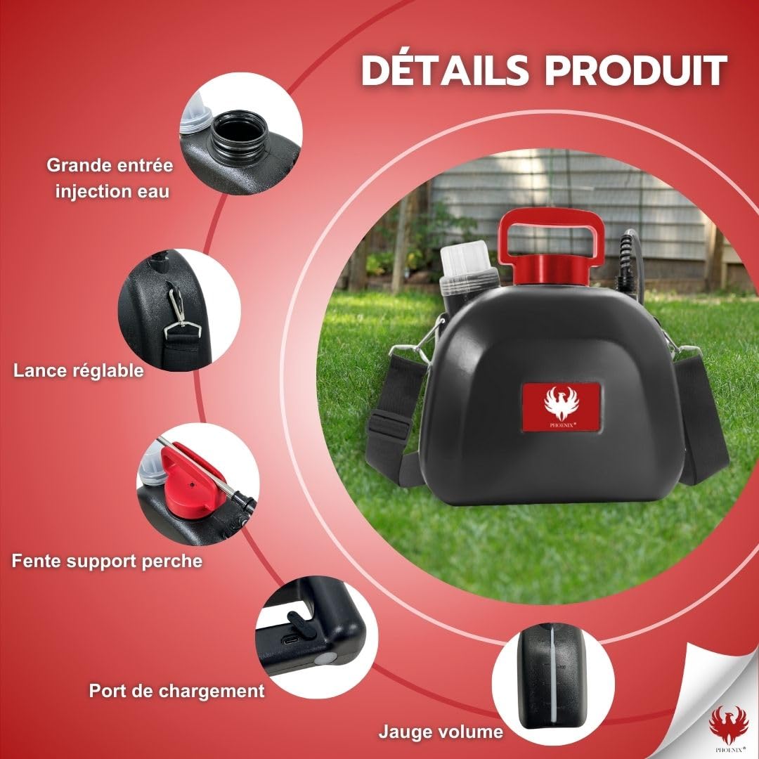 Phoenix - Pulvérisateur Electrique Easy Sprayer 5L – Pulverisateur de Jardin à Batterie Rechargeable avec 3h d’Autonomie, Pulverisateur avec Triple Buses (Cône, Éventail, Jet Douche), Léger, Robuste,