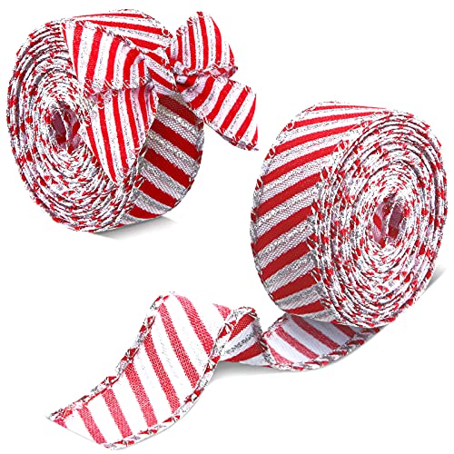 2 Rolls Christmas Wired Edge Ribbon Red and White Stripe Ribbon DIY Craft Ribbon with Silver Wire Wrapping Christmas Tree Ribbon Wreath Bows Trims Decorations Rustic DIY Fabric Swirl Ribbon (1 Inch)