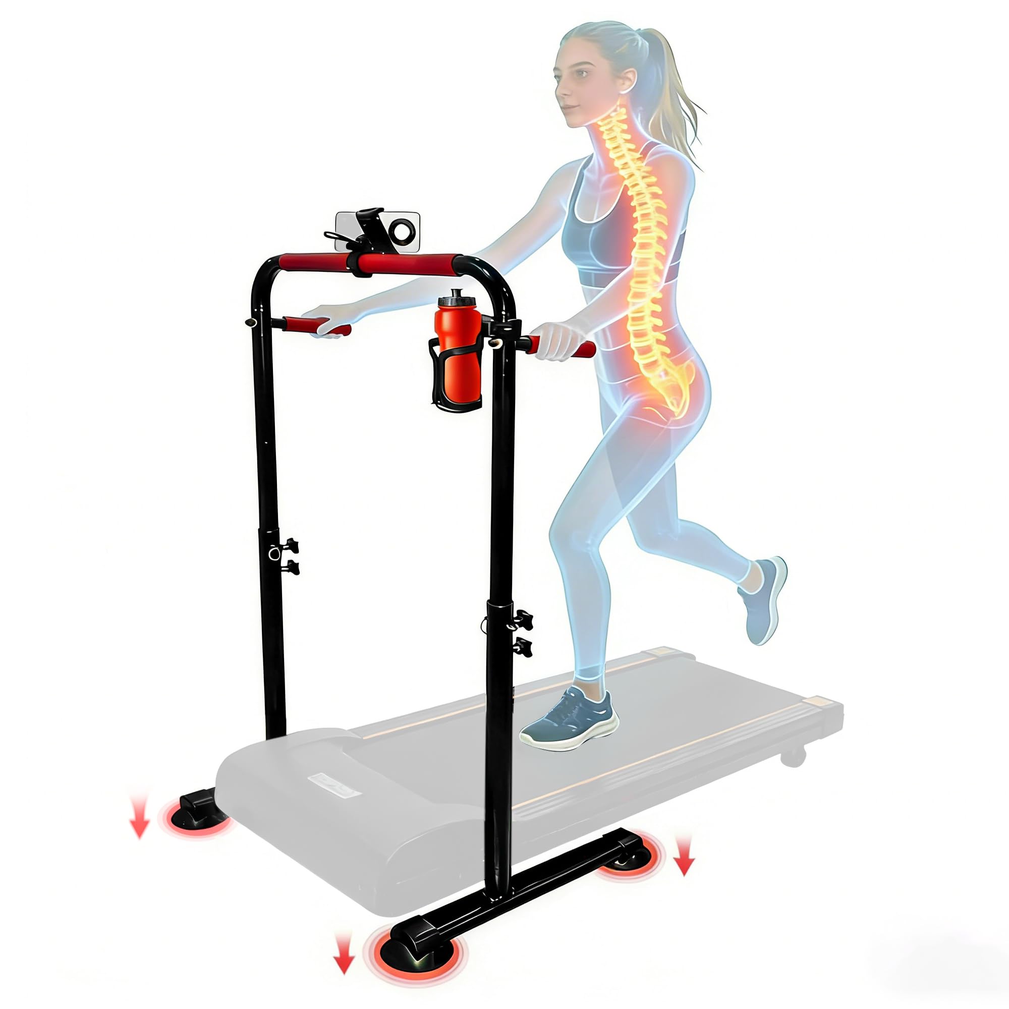 Photo 1 of **DAMAGE TO TUBE MATTING SEEN IN PHOTO 24.4 Inch Wide Handle Bar for Walking Pad Only,with Phone and Cup, Holder Adjustable Handrail Height from 38.58 to 47.24 in,Saarland Steel, Back Relief&Posture Support (red)