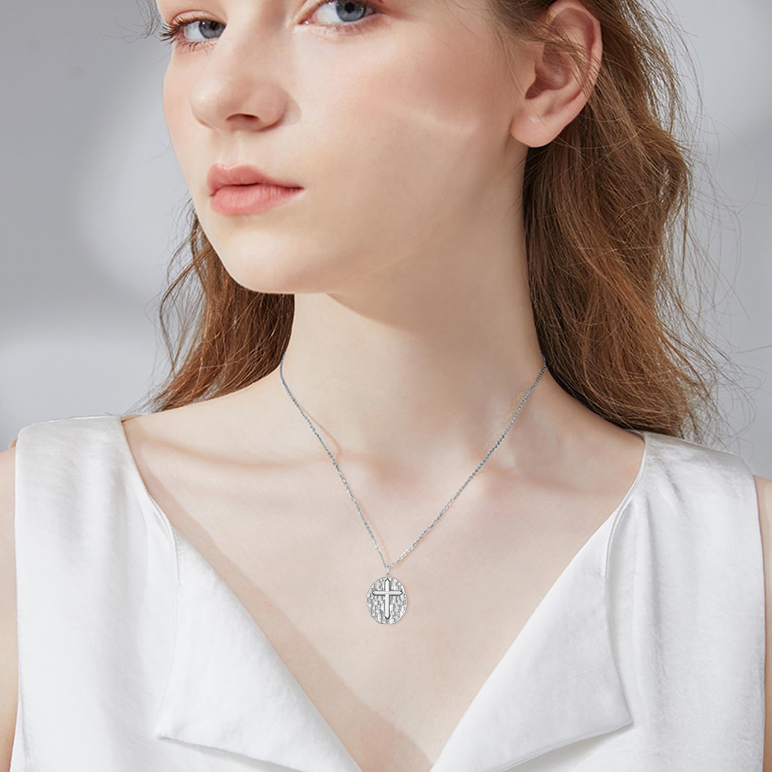 Hammered Cross Necklace 925 Sterling Silver Cross Pendant Necklace Christian Jewelry for Women