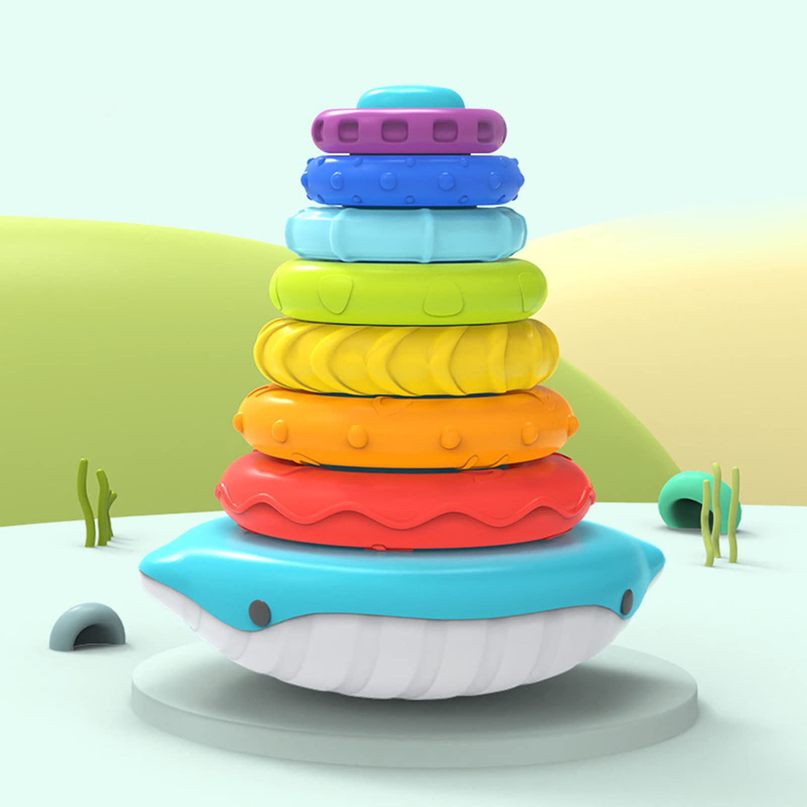 Play Activity Toy Baby Stacking Toys Age 6 9 12 18+ Months Toddler Sensory Stacking Toys With Sounds Rainbow Rings Fine Motor Skills Learning Educational (Blue, One Size)