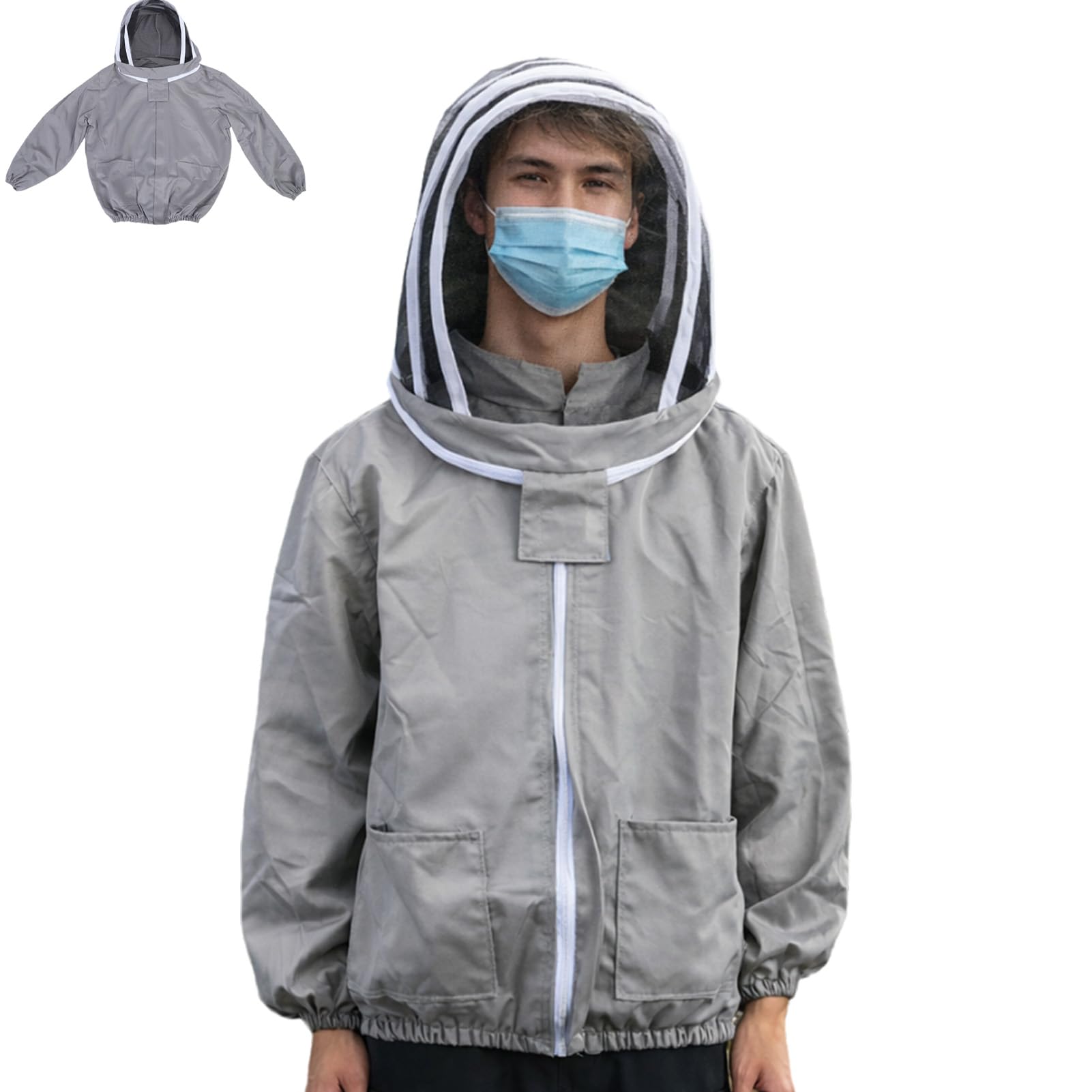 Bienenanzug mit Schleier, professionelle Imkerjacke, Bienenjacke, Bienenzucht-Kittel, Schutzanzug, Bienenanzug-Kittel mit doppelten Reißverschlüssen für Imker (Grau)