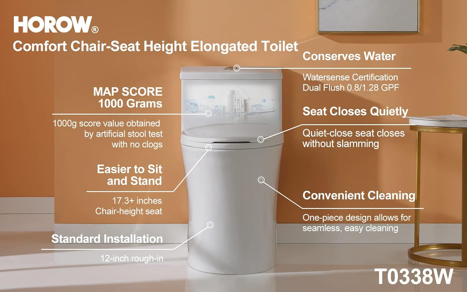 HOROW T0338W Elongated One Piece Toilet with Comfort Chair Seat ADA Height 17.3", Power Dual Flush 0.8/1.28 GPF and MAP 1000g, Standard White Toilet Bowl - - 