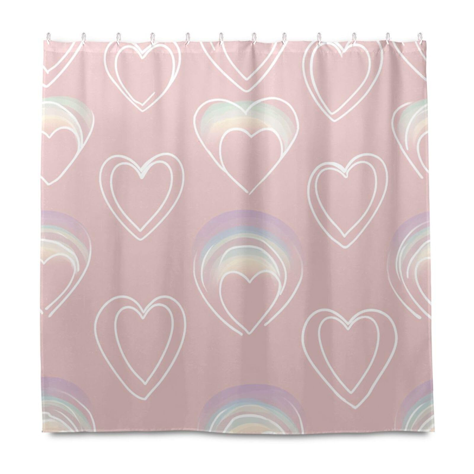 Rideau de douche cœur rose pastel pour créer une ambiance douce dans votre salle de bain de famille