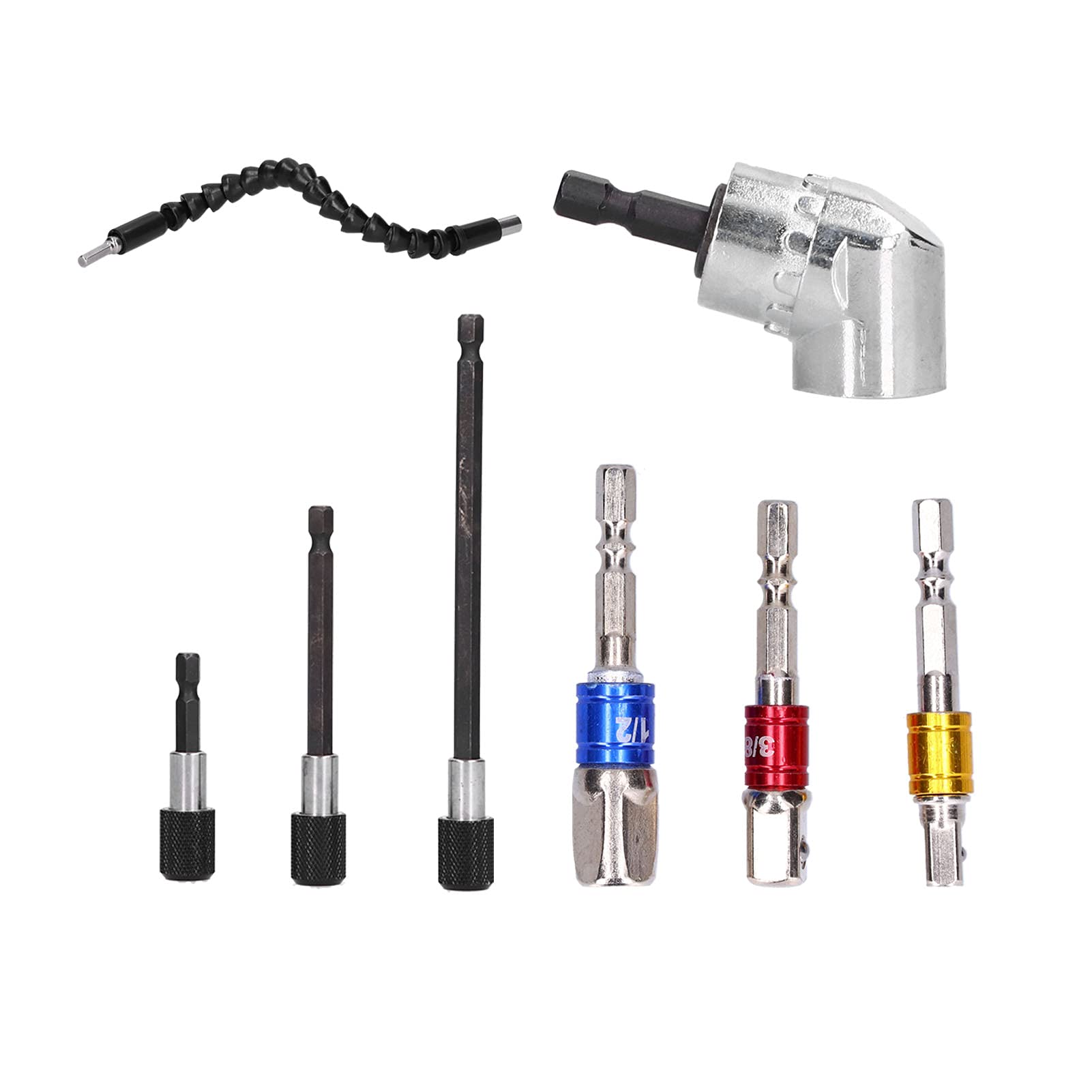 105 Degree Right Angle Drill Attachment, Alloy, Set with Sockets Adapter Driver Extension