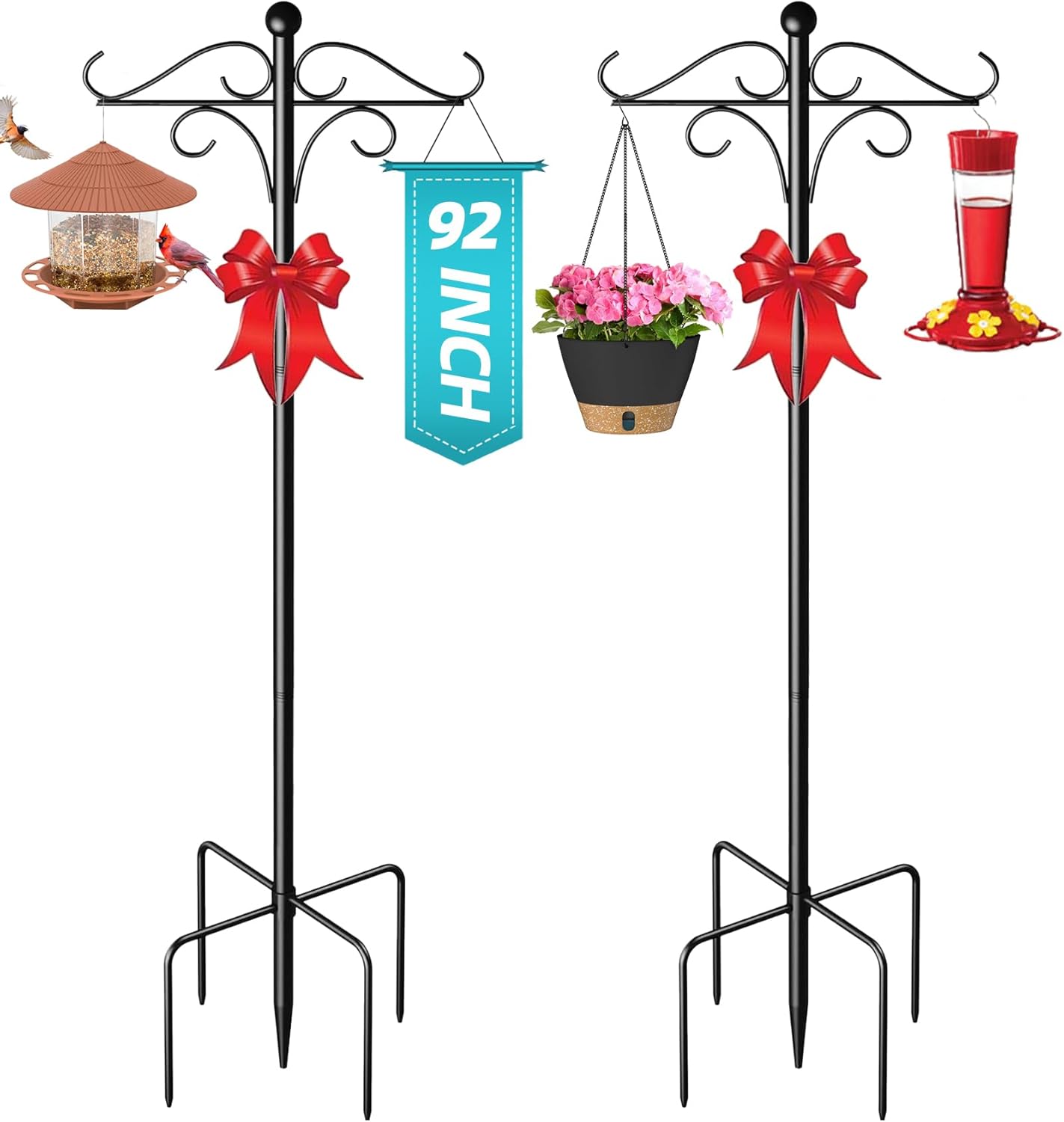 92" Double Shepherds Hooks for Outdoor, Adjustable Heavy Duty Bird Feeder Pole with 5 Prong Base, Metal Plant Hangers Outdoor for Hanging Plant Baskets, Solar Lanterns, 2 Pack