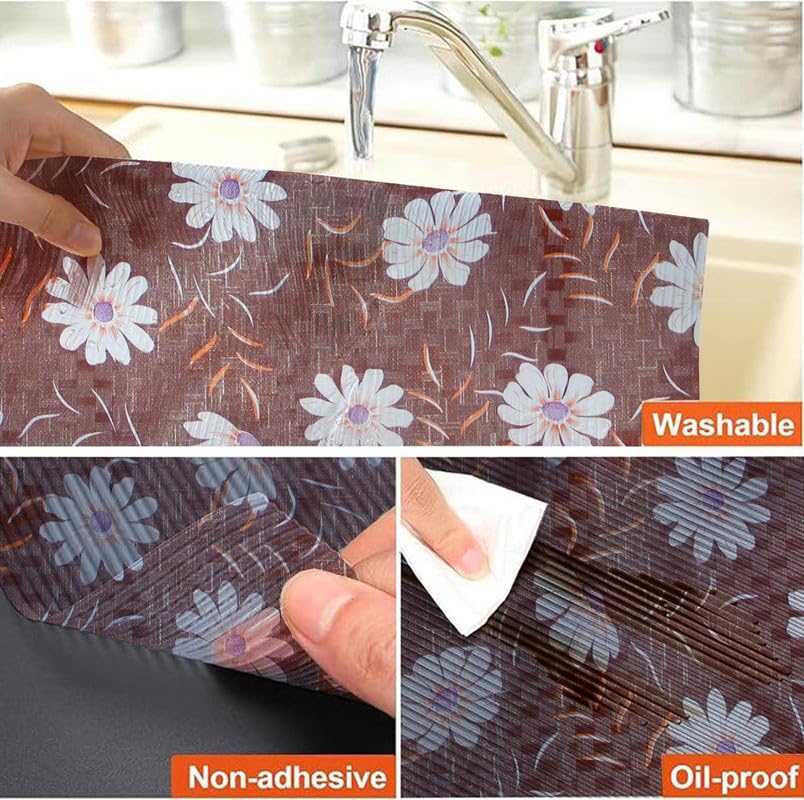 Image of Anti-Slip Kitchen Shelf Liner - 5 Meter Roll, Waterproof Multipurpose Mat for Fridge, Cabinet, Drawer, Trolley & Bathroom - Easy to Cut Floral Blue Print (Purple)