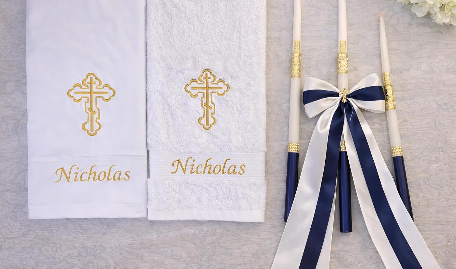 Personalized Orthodox Baptism Towel Set with Embroidered Cross, Custom Christening Gift with Bath Towel, Hand Towel, Candles, Soap, Glass Bottle