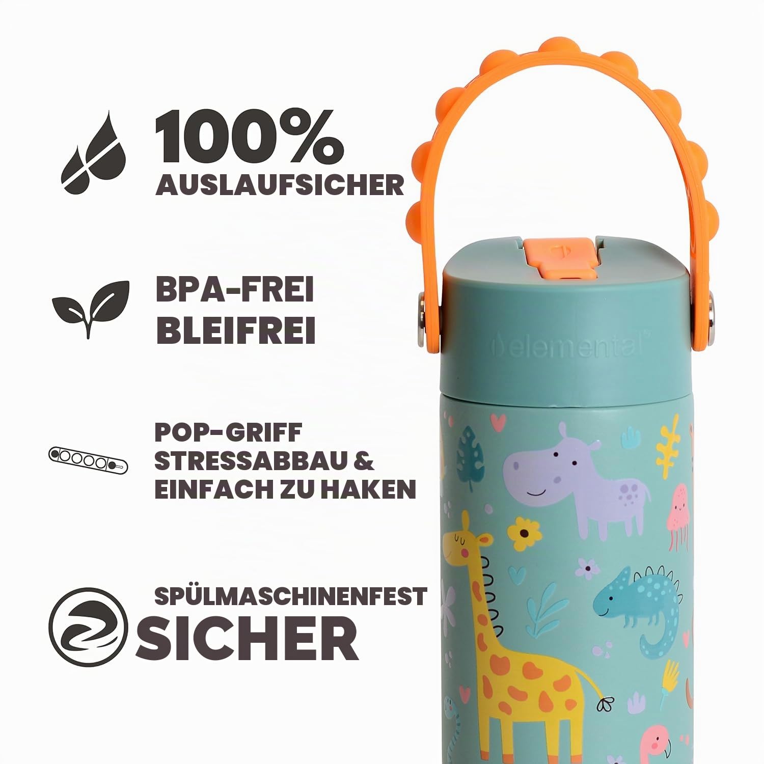 Elemental Isolierte Kinder Wasserflasche - Edelstahl Wasserflasche mit Strohhalm Deckel und Pop-it-Griff, auslaufsichere Wasserflaschen für Schule, Reisen und Sport - 530 ml - Safari
