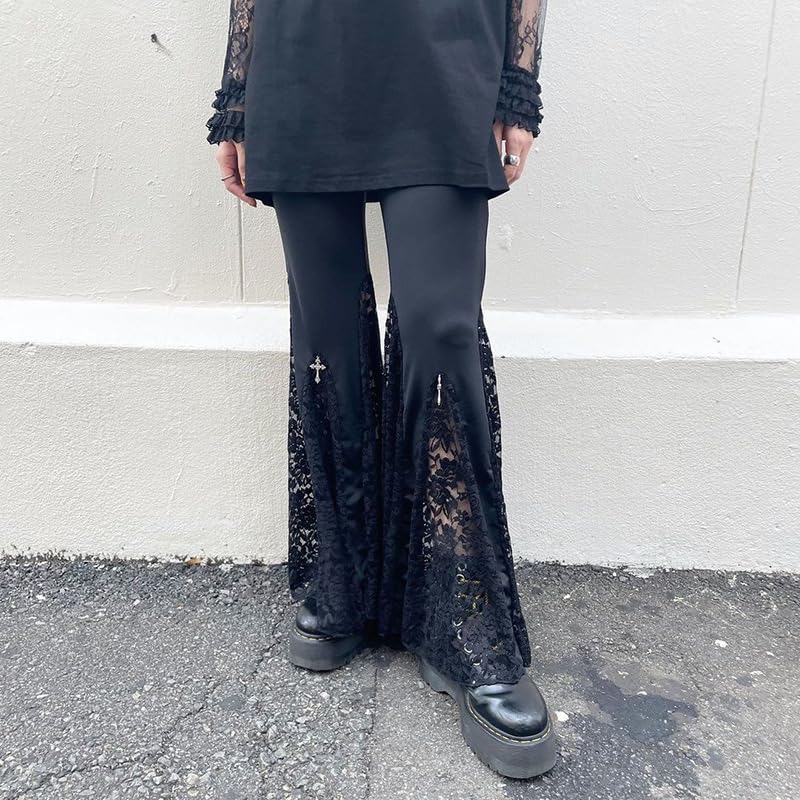 TIAFORD Halloween Gothic Bell Bottom Pants for Women Gothic High Waist Hollow Out See Through Patchwork Mesh Trousers3