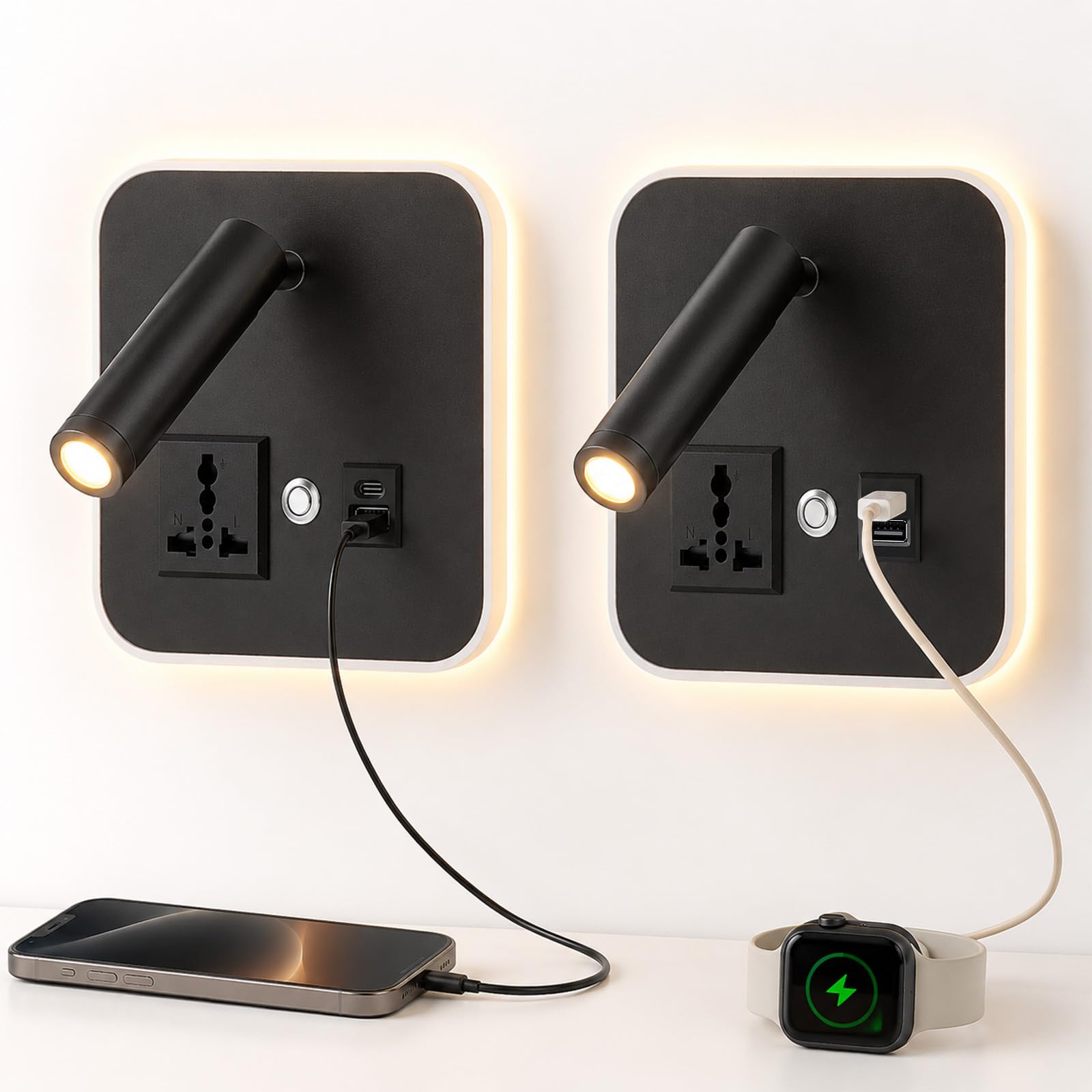 Lámpara de pared LED, 12W 3000K Lámpara De Lectura con puerto USB A+C, aplique pared regulable con cabezal orientable 350°, lámpara con puerto USB para dormitorio y salón, aluminio negro