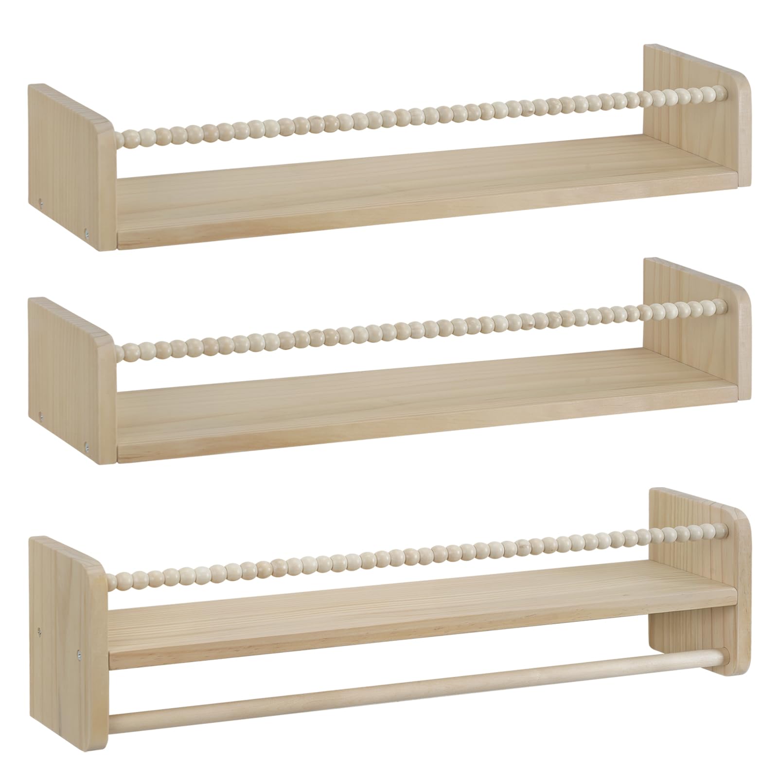 WOLTU Juego de 3 Estantes Madera de Pared para Niños, 60cm Librería Infantil para Niños, Estante Flotante de Madera Maciza, Balda de Pared para Libros y Juguetes en Habitación Infantil y Guardería