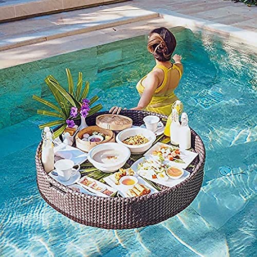 Bor Bandeja De Servicio Tejida De Ratán, Bandeja Flotante para Piscina, Soporte Flotante para Bebidas para Piscina con Asas, Bandeja De Desayuno Redonda Y Elegante En El Agua,60CM,YUYANAIAI