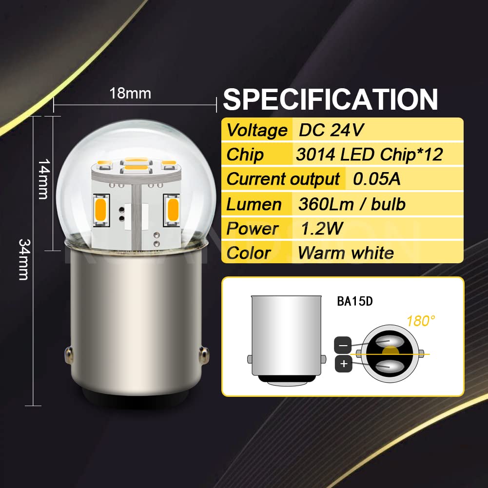 Ruiandsion Bombilla LED BA15D 24V Blanco Cálido 1130 1142 1176 3014 12SMD Bombillas LED de repuesto para luces traseras de coche, remolque, barco, autocaravana (paquete de 10)