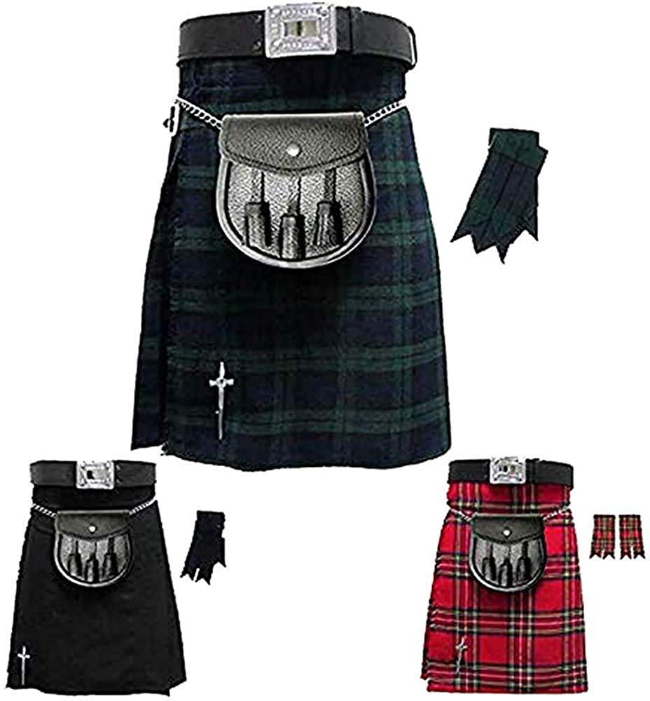 Tartancity Scottish Men's Kilt Traditional Highland Dress Kilt Pin/Skirt/Belt Buckle/Sporran 5 Pcs Kilts Set (Black Watch, 34)