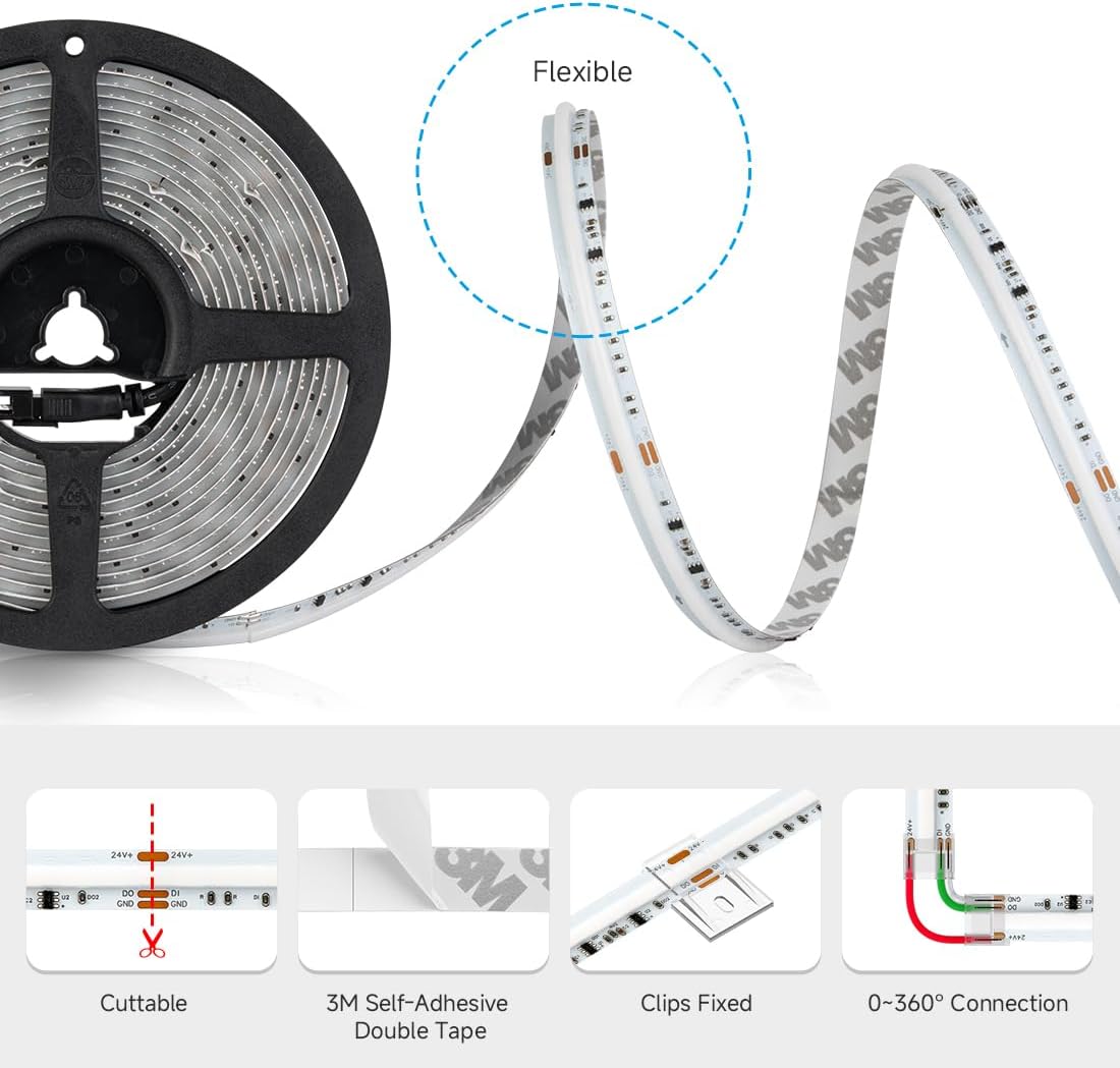 LED strip flexibility, cut points, 3M adhesive, and clips for fixing