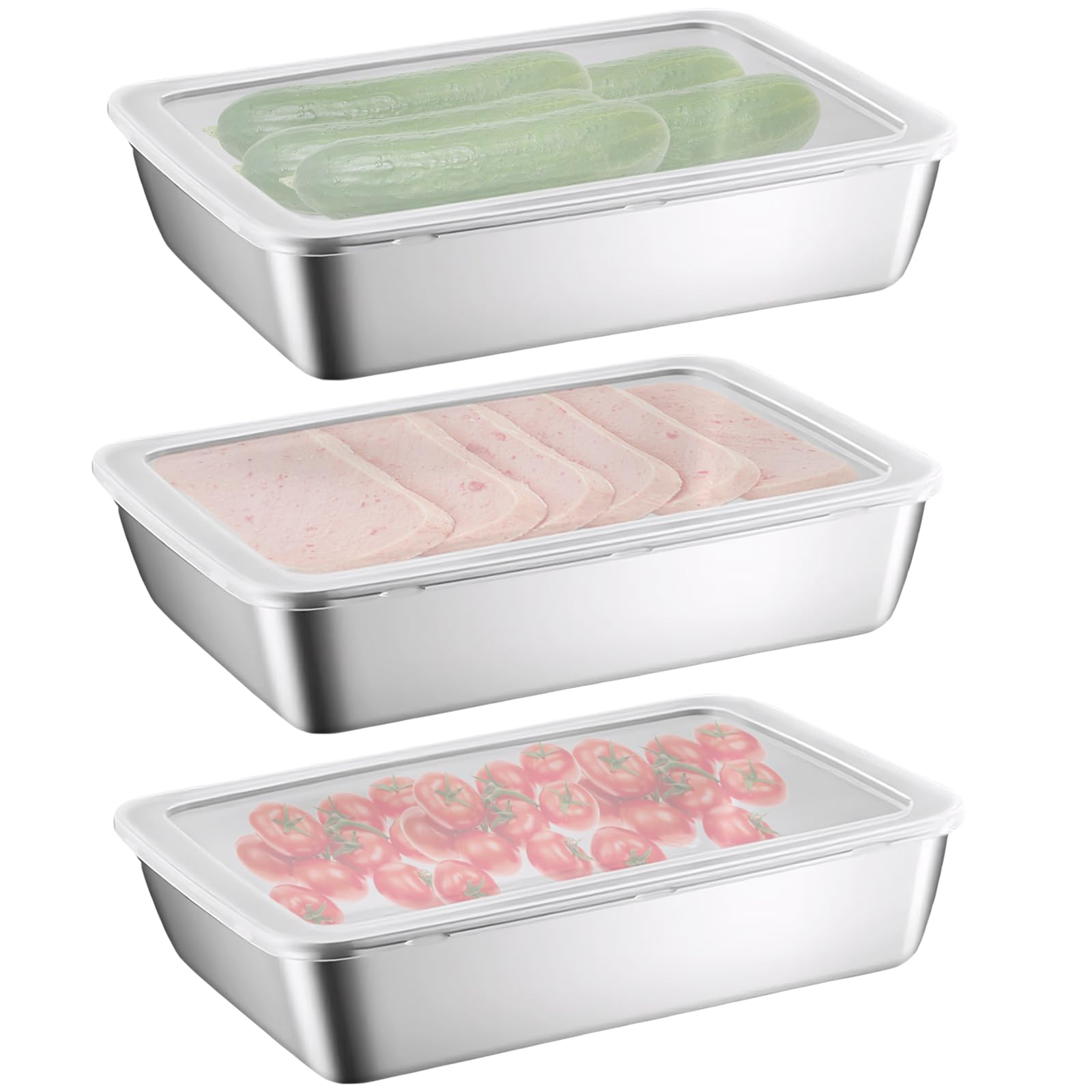 Nivofu Silver 3Pcs Stainless Steel Meal Box Food Containers With Plastic Lids Deli Meat Containers Storage Box Fridge Crisper Airtight Cookie Container Salad Plate Vegetable Container For Fridge