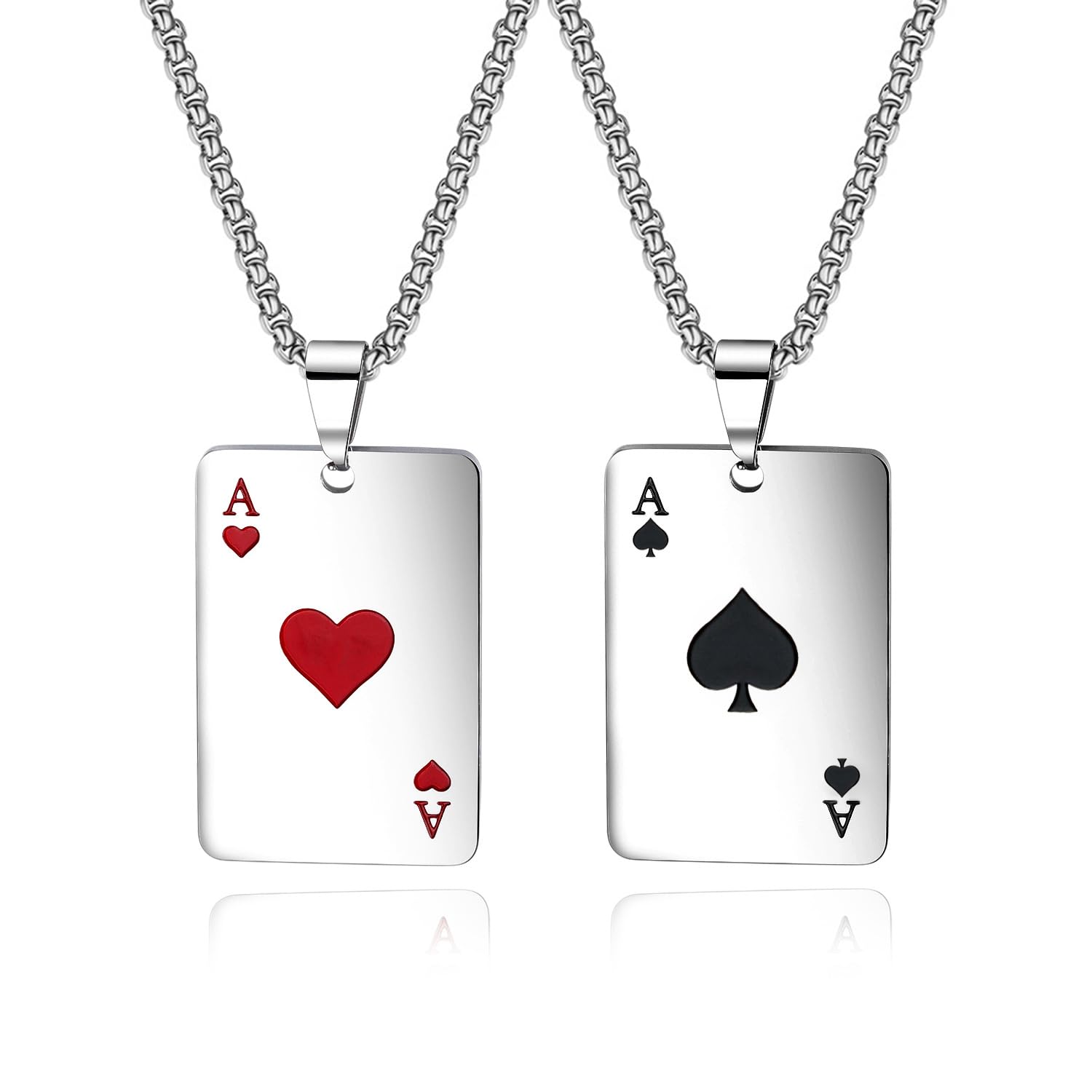 Kawailay2 Pcs Poker Card Necklace, Stainless Steel Silver, Unisex Adults, Poker Lovers, Bikers, Hip Hop Fans, Rockers, Necklace