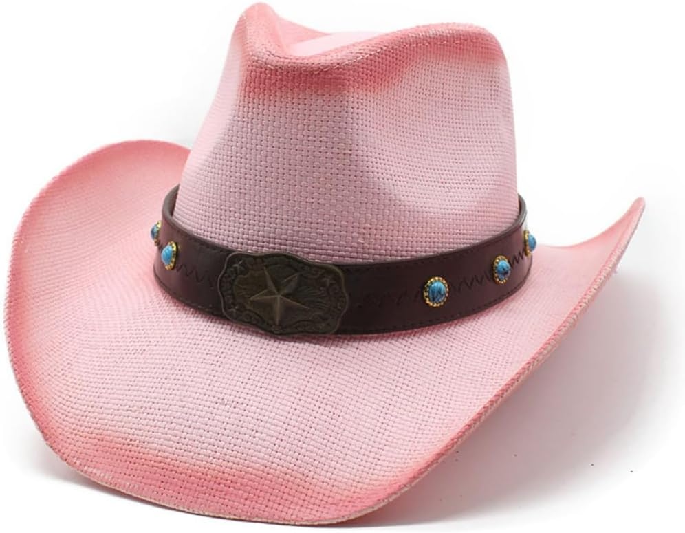 Western Cowboy Hat with Turquoise Studded Leather Band, Brown Straw, Star Emblem