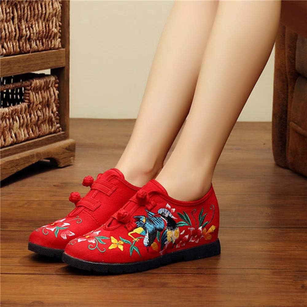 女性のための刺繍の靴 レトロな刺繍の女性の手作りのキャンバス フラット プラットフォーム ダブル フック カジュアル デニム コット